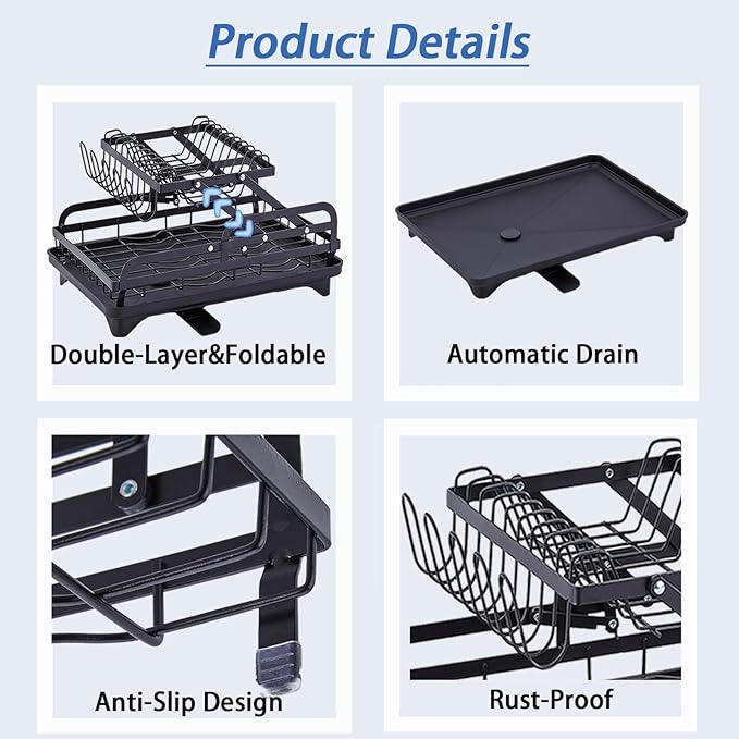 2 Tier Dish Drying Rack Automatic Drainage Board Space-Saving - Image 5