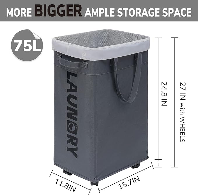 Goodpick Laundry Basket with Wheels, Laundry Hamper with Removable Wash Bag - Image 3