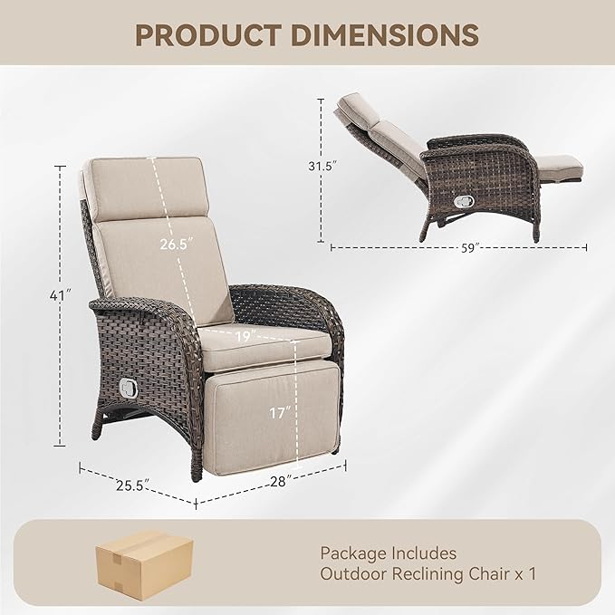 Zero Gravity Wicker Patio Recliner Chair - Wicker Outdoor Lounge Chair with Adjustable Backrest & Footrest, All Weather Outdoor Reclining Chairs with Thick Cushion for Pool Deck Beige - Image 2