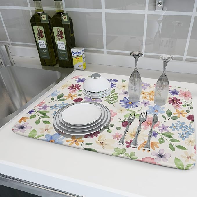 Spring Floral Dish Drying Mat for Kitchen Counter 18x24 Easter Green Pink - Image 6