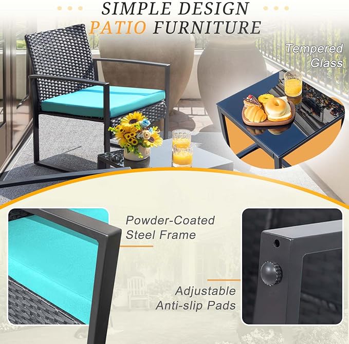 Flamaker Patio Set Outdoor Wicker Furniture, Modern Bistro Set with Rattan Chair and Coffee Table for Yard (Blue) - Image 3