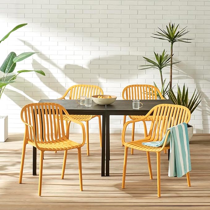 Modern Stackable Outdoor & Indoor Plastic Dining Chairs Set, Armchairs Set, Weather-Resistant, Ideal for Patios, Cafes, and Home Use, Set of 4 (Mustard Yellow) - Image 4