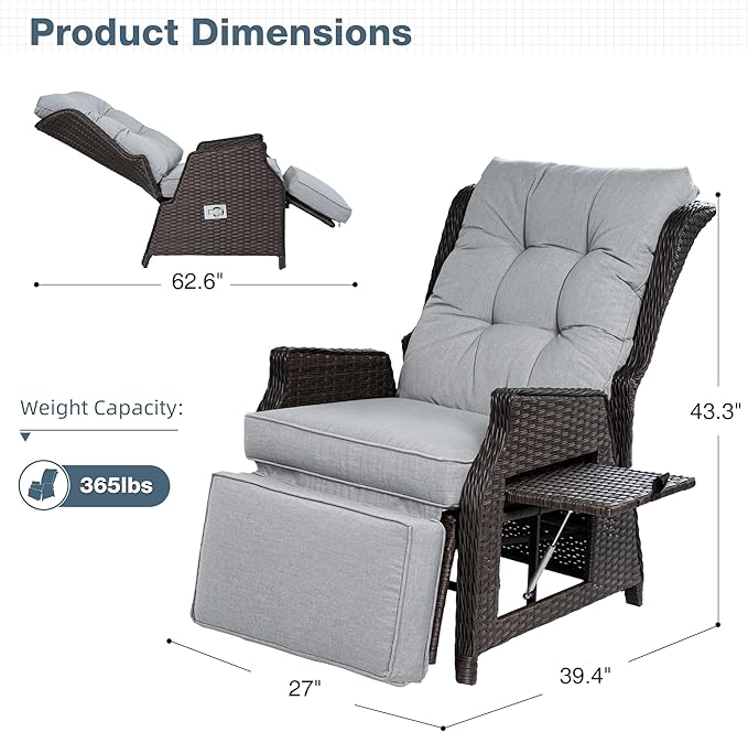 Outdoor Indoor Wicker Recliner with Adjustable Back and Footrest, Patio Reclining Chair with Flip-up Table, Outdoor Rattan Lounge Chair, Light Grey 2PCS - Image 2