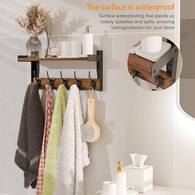 Wall Hooks with Shelf, Wood Coat Rack with Shelf Wall-Mounted, Entryway Hanging - Image 4