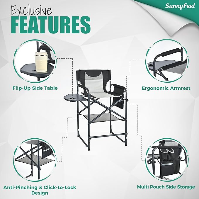 SUNNYFEEL Tall Camping Directors Chair, Portable Folding Artist Makeup Chair with Side Table, Pocket, Footrest, Heavy Duty for Beach,Trip,Picnic,Concert Outdoor Foldable Camp Lawn Chairs - Image 6