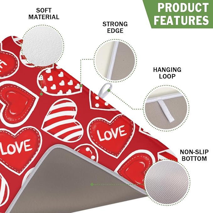 Valentines Day Dish Drying Mat for Kitchen Counter Red Polka Dot Stripe Love - Image 3