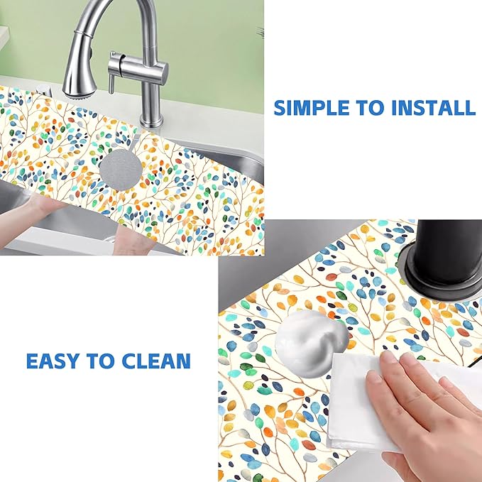 Abstract Watercolor Leaves Sink Faucet Absorbing Mat Sink Splash Guard Faucet - Image 5
