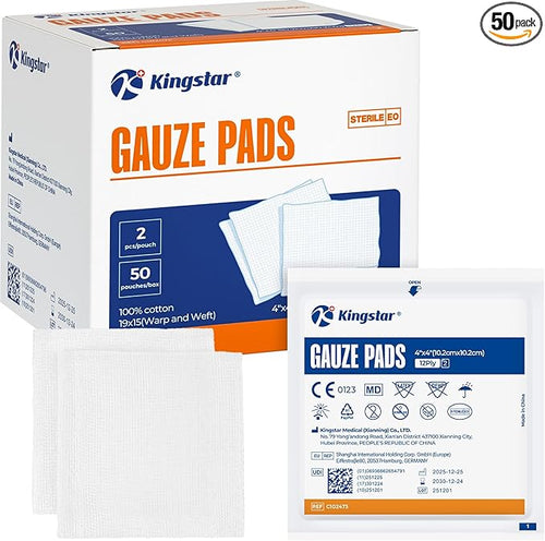 100Pcs Sterile Gauze Pads 4x4 Inch 12-Ply, 100% Cotton 4x4 Gauze Pads Highly by Kingstar