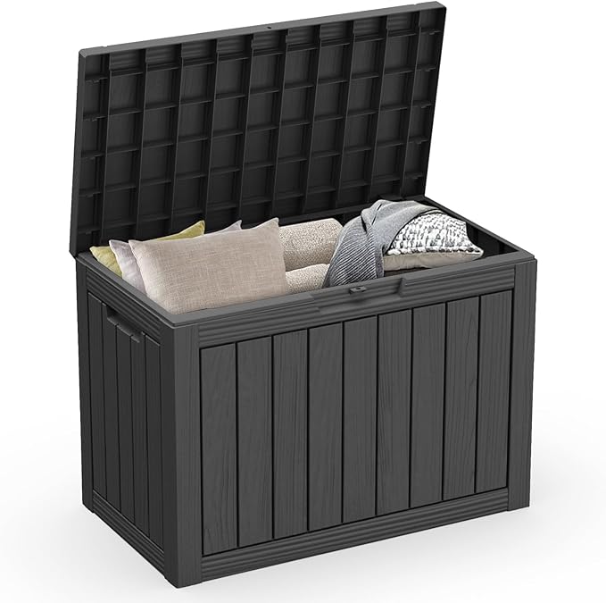 ROJIK Outdoor Storage Housing Deck Box - Waterproof Patio Furniture, Garden Tools, Cushions, Pool Accessories Storage Bench with Lockable Lid and Side Handles (Black, 45 Gal) by ROJIK