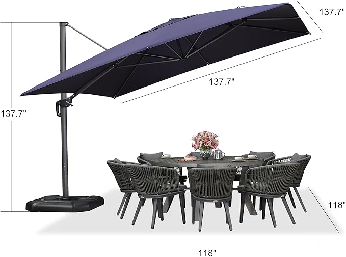 PURPLE LEAF 11.5' X 11.5' Telescopic Patio Umbrella with Base Included Lifting Cantilever Offset Square Large Umbrella for Pool Outdoor Patio Deck Garden Navy - Image 9