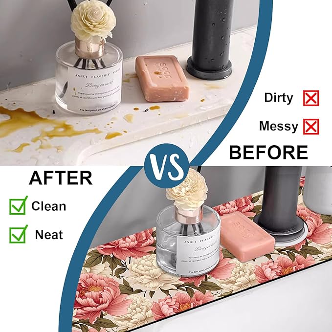 Beautiful Peony Sink Faucet Absorbing Mat Bright Peonies Super Absorbent Fast - Image 6