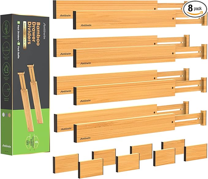 ANTOWIN Bamboo Drawer Dividers Organizers 16pcs, Expandable Drawer Separators by ANTOWIN