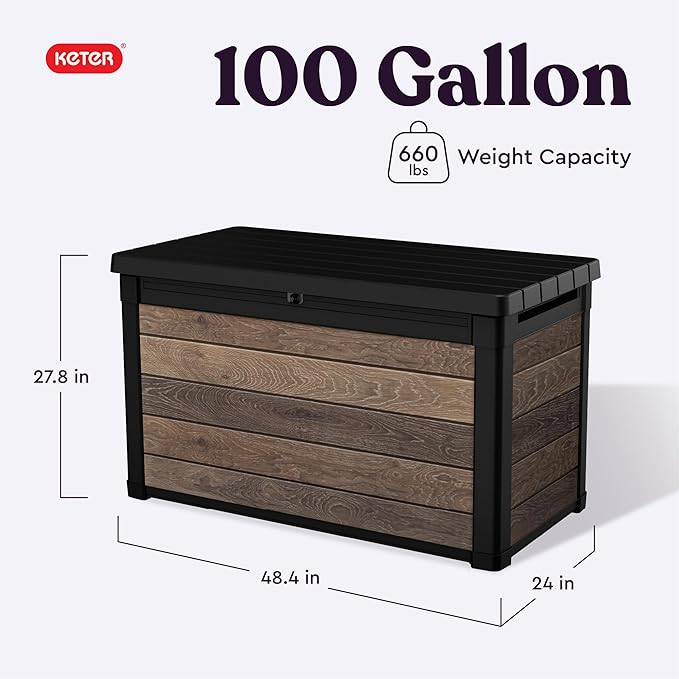 Keter Walnut 100 Gallon Resin Deck Box-Organization and Storage for Patio Furniture Outdoor Cushions, Throw Pillows, Garden Tools and Pool Toys - Image 2