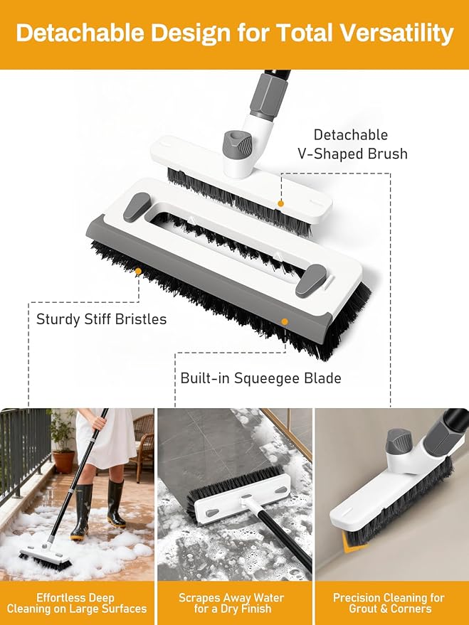 3 in 1 Floor Scrub Brush with Long Handle 55" Push Broom Stiff Bristle Scrubber - Image 3