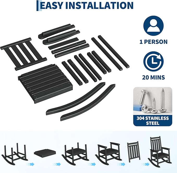 HDPE Rocking Chair Outdoor- Poly High Back Porch Rocker Chairs for Adults - All Weather Resistant Furniture for Patio Front Porch - Black - Image 5