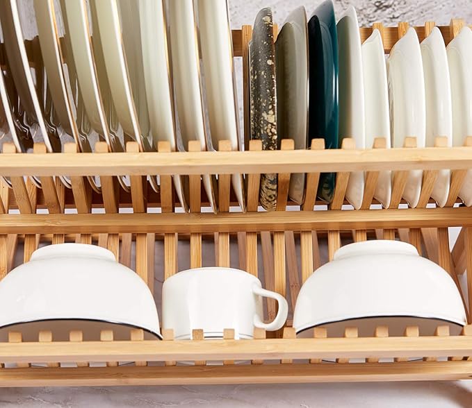 Bamboo Dish Drying Rack with Utensil Holder, Collapsible Wooden Dish Drainer - Image 7