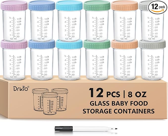 DRKIO 12 Pack Glass Baby Food Storage Containers - 8 Oz Baby Food Jars by DRKIO