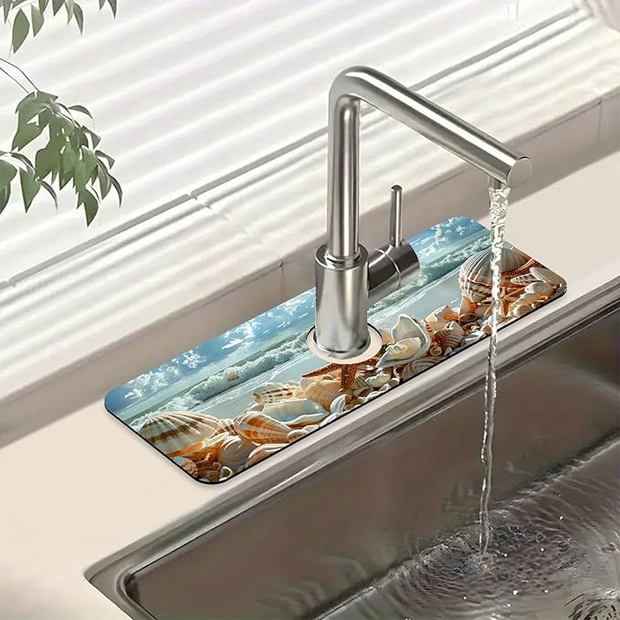 Beach Kitchen Sink Splash Guard Faucet Mat Shells Starfish Waves Super by Unknown