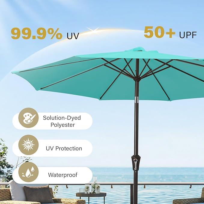 MEWAY 9ft Patio Umbrella Outdoor Table Umbrellas with Push Button Tilt and Crank, Market Umbrella 8 Sturdy Ribs for Deck, Garden, Pool and Backyard, Turquoise - Image 6