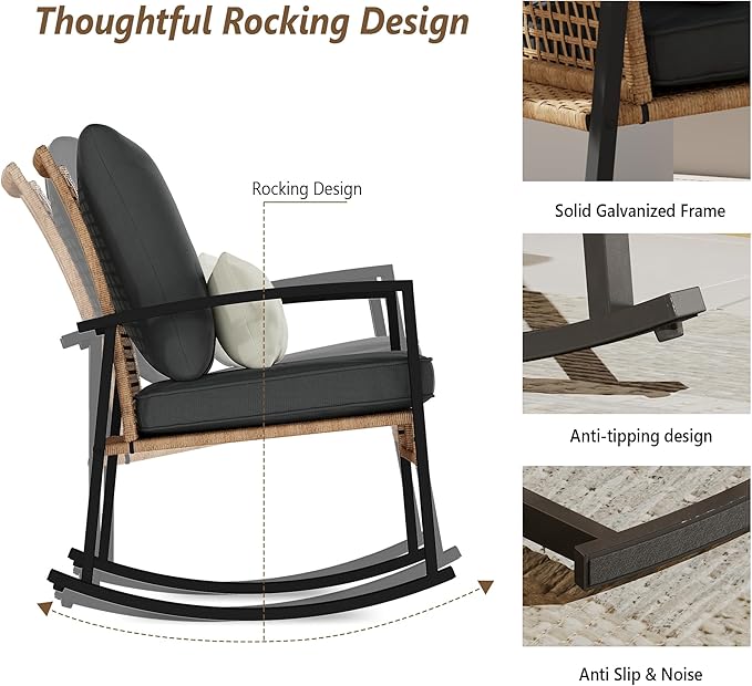 3 Piece Patio Rocking Chairs Set of 2, Outdoor Rocking Chair Bistro Set with Tempered Glass Coffee Table and Thick Lumbar Pillow Set, Front Porch Chairs for Garden, Backyard (Gray Cushion) - Image 4