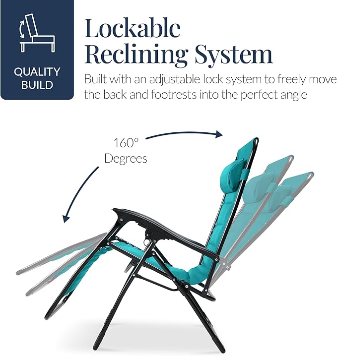 Best Choice Products Oversized Padded Zero Gravity Chair, Folding Outdoor Patio Recliner, XL Anti Gravity Lounger for Backyard w/Headrest, Cup Holder, Side Tray, Polyester Mesh - Peacock Blue - Image 7