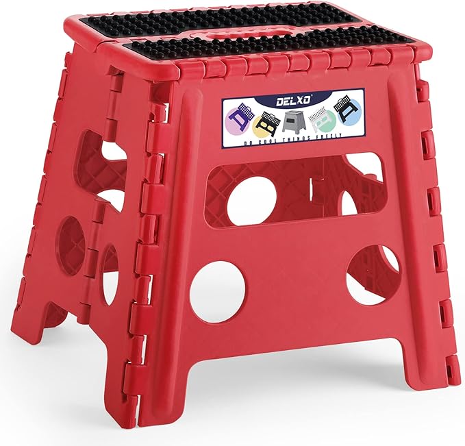 Delxo Folding Step Stool,Non-Slip Stool 13 inch Height Premium Heavy Duty Foldable Stool for Kids and Adults,Kitchen Garden Bathroom Steppingstool 1 Pack in Red,Dotted Texture by Delxo