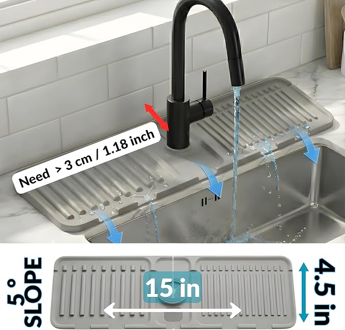 Silicone Faucet Mat for Kitchen Sink Splash Guard, 2-Piece Set – Each – 5° - Image 6