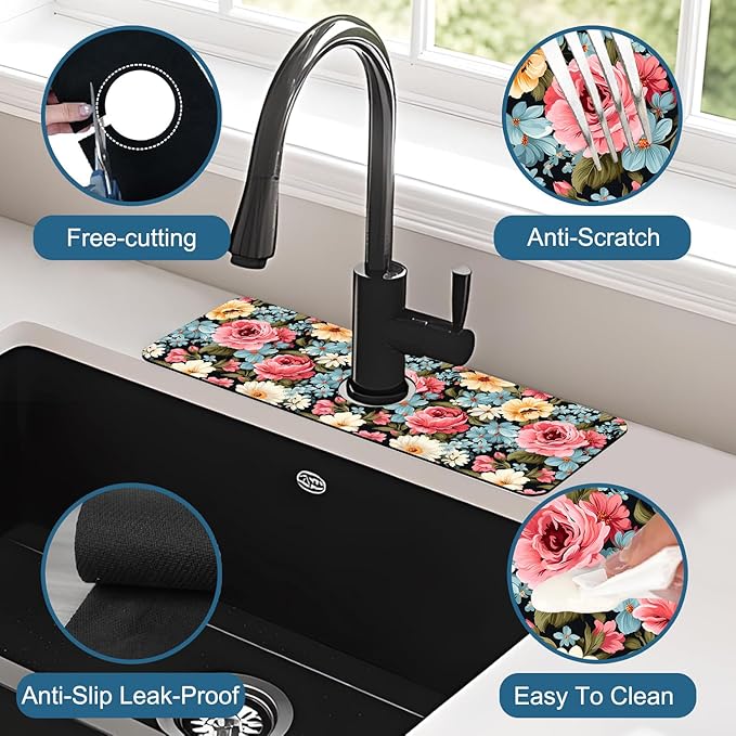 Colorful Flowers Sink Splash Guard Vintage Floral Faucet Absorbing Mat Fast - Image 4