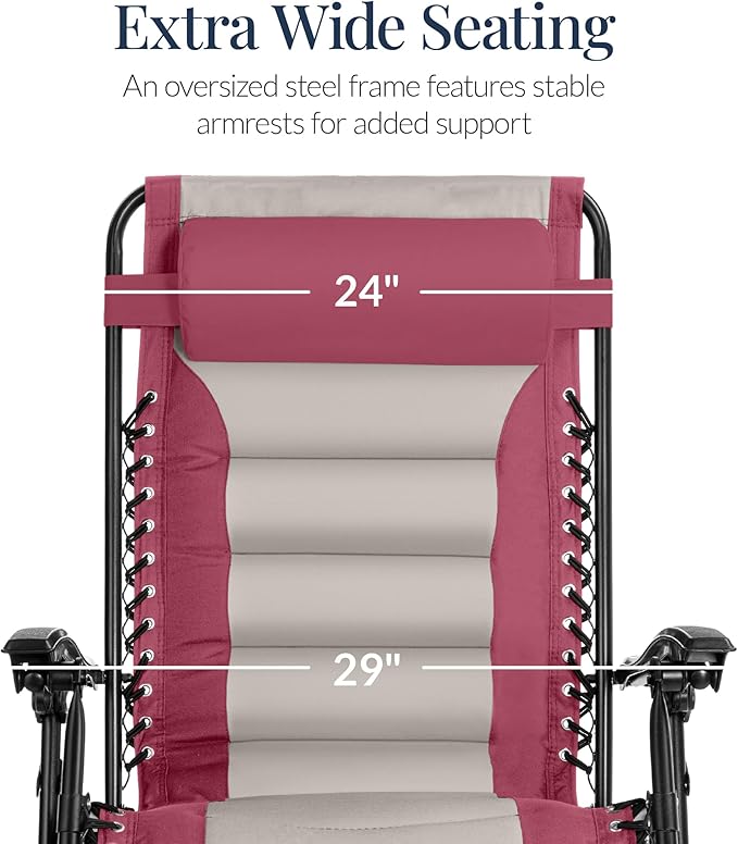 Best Choice Products Oversized Padded Zero Gravity Chair, Folding Outdoor Patio Recliner, XL Anti Gravity Lounger for Backyard w/Headrest, Cup Holder, Side Tray, Polyester Mesh - Pink/Taupe - Image 4