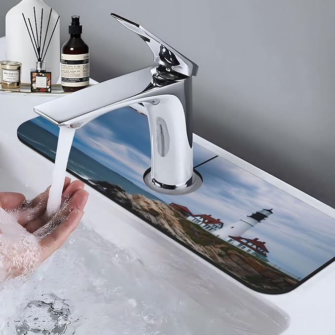 Kitchen Sink Splash Guard Faucet Mat Lighthouse Beach Sky 15"x5.5", Diatom Mat - Image 9
