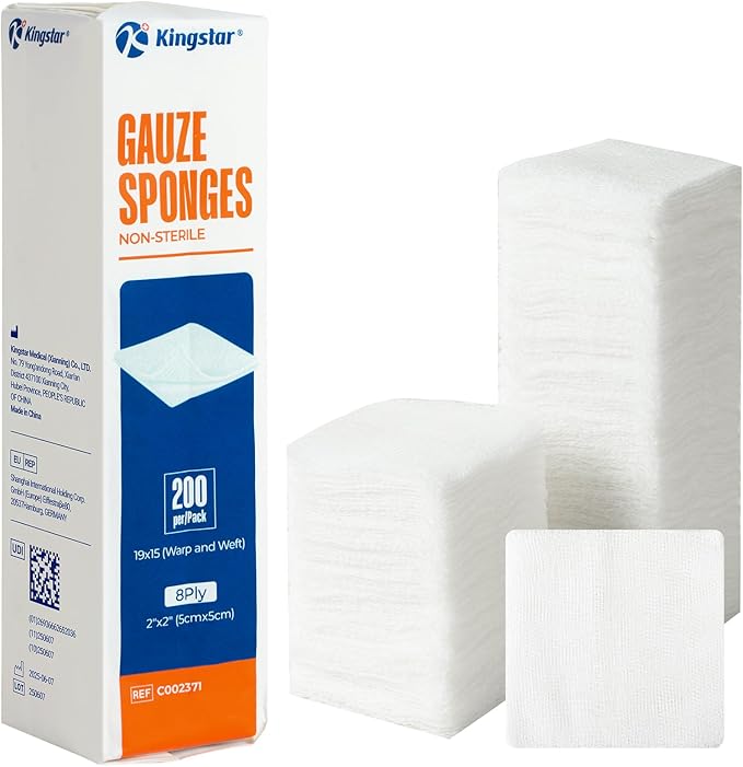 200 Pack 2x2 Inch Gauze Sponges 8-Ply, 100% Cotton Woven Gauze Pads by Kingstar