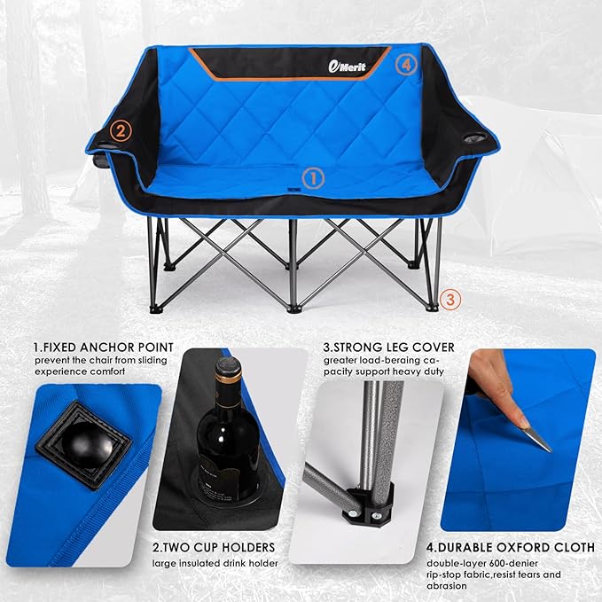 EMERIT Double Camping Chair Oversized Padded for Adults, Heavy Duty Folding Loveseat for Outdoor, Camping, Beach, Lawn, Concert 650LB - Image 3