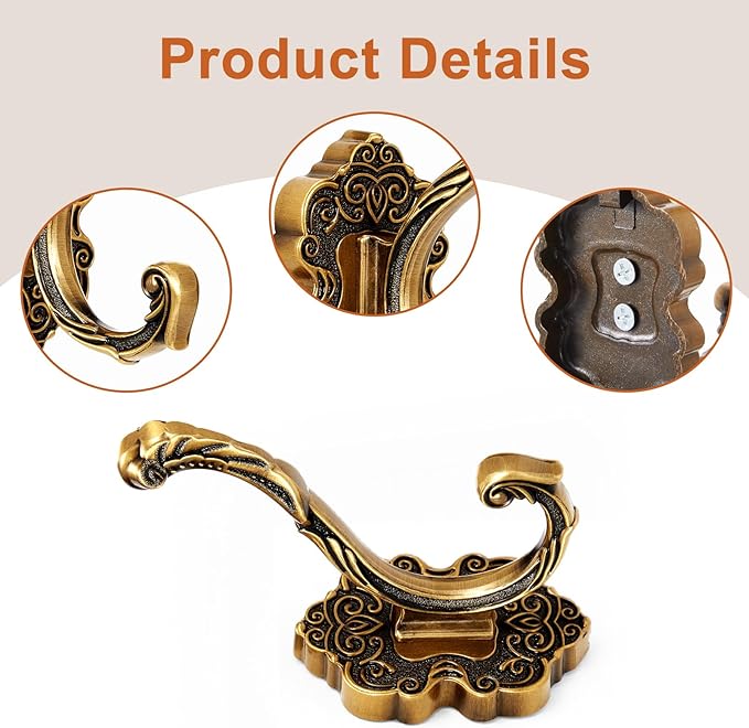 Zonon 2 Pcs Antique Gold Vintage Coat Hooks Decorative Towel Hooks - Image 3