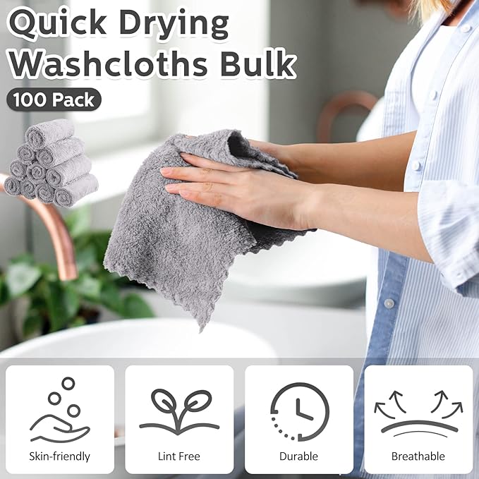 Newwiee 100 Pcs Washcloths Bulk Quick Drying Bathroom Wash Clothes 12 x 12 Inch - Image 3
