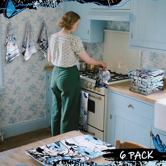 Breling Set of 6 Blue Daisy Kitchen Towel Vintage Themed Dish Towel Bathroom - Image 3