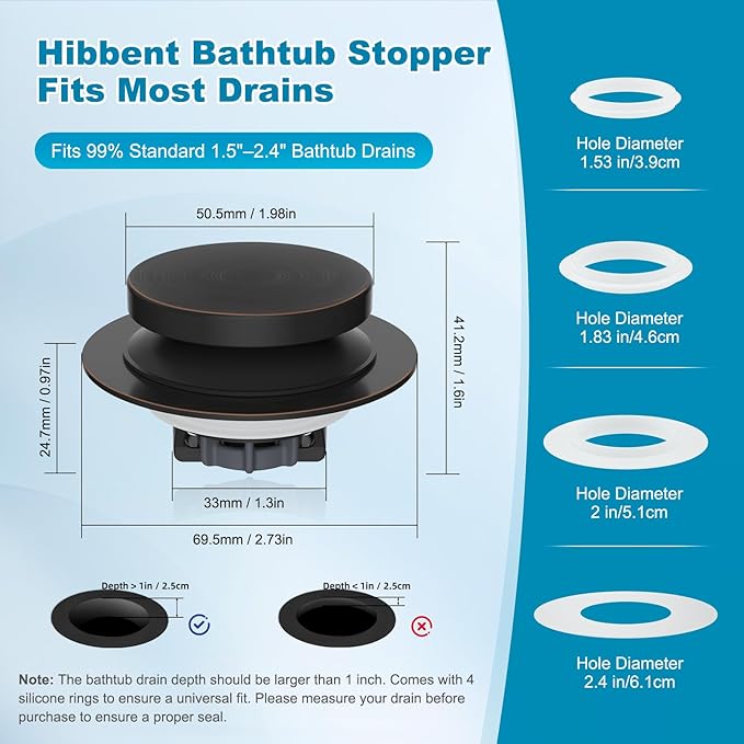 Hibbent 3 in 1 Metal Bathtub Drain Stopper, Universal Pop Up Tub Stopper - Image 3