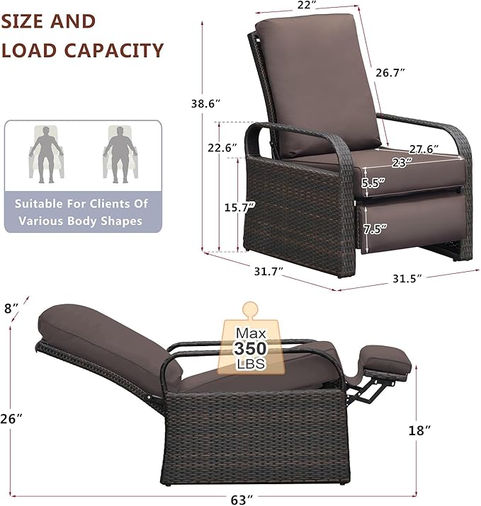 ATR ART TO REAL Outdoor Recliner, Outdoor Wicker Recliner Chair with 5.5'' Thickness Cushions, Automatic Adjustable Rattan Patio Chaise Lounge Chairs, Aluminum Frame, Anti-UV and Rustless - Image 2