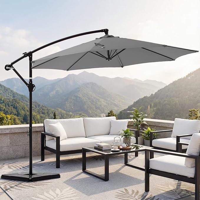 OLIXIS Offset Patio Umbrella, 9.7FT Cantilever Table Umbrellas for Outdoor Sun Shade UV Protection with Easy Tilt Adjustment, 8 Ribs for Backyard, Lawn, Garden, Pool - Grey - Image 7