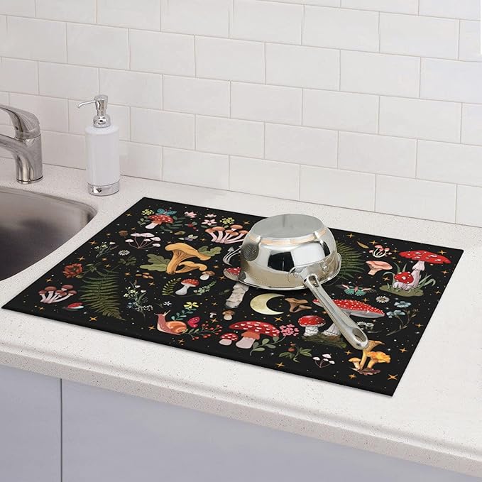 Mushroom Dish Drying Mat for Kitchen Counter 18"x24" Moth Gothic Witchy Dishes - Image 2
