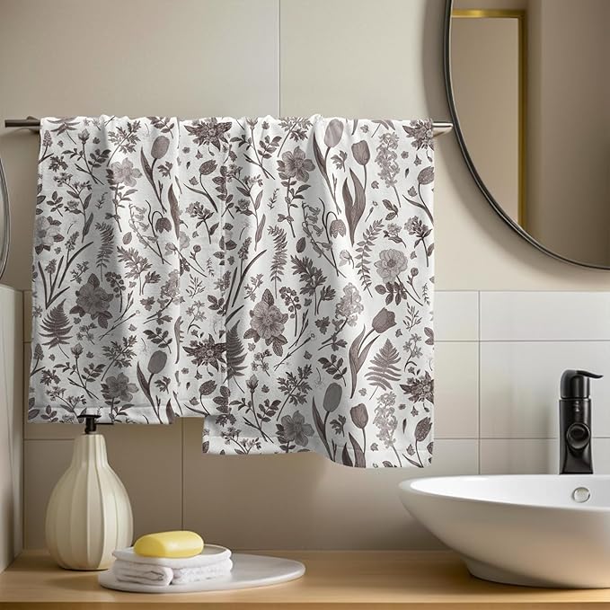 Spring Floral Hand Towels for Bathroom Set of 2 Dark Brown White Flower Leaves - Image 6