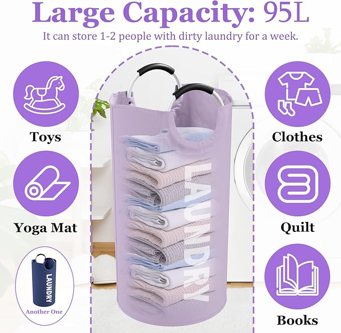 Set of 2 Large Laundry Baskets for Adult, 95L Collapsible Laundry Baskets - Image 2