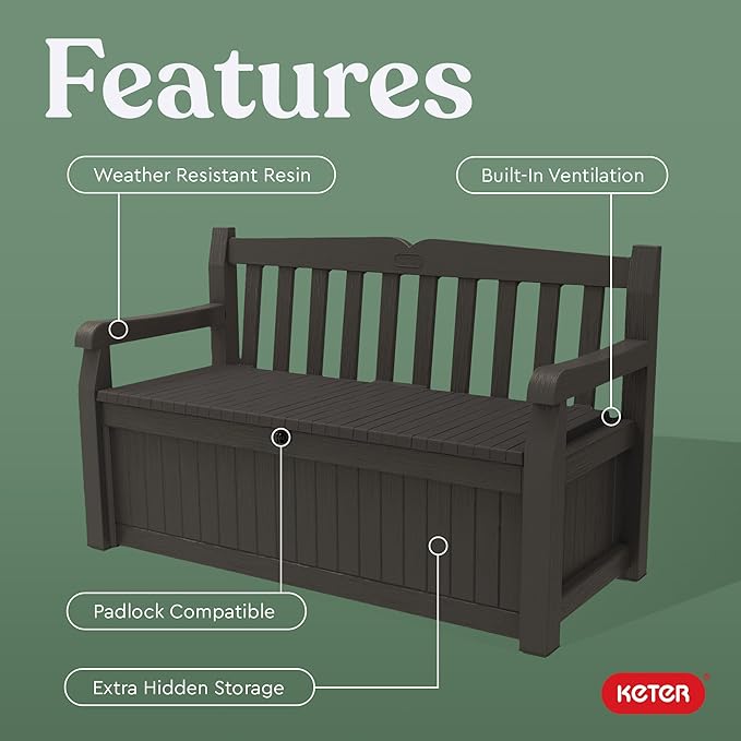Keter Solana 70 Gallon Storage Bench Deck Box for Patio Furniture, Front Porch Decor and Outdoor Seating – Perfect to Store Garden Tools, Brown/Brown - Image 5