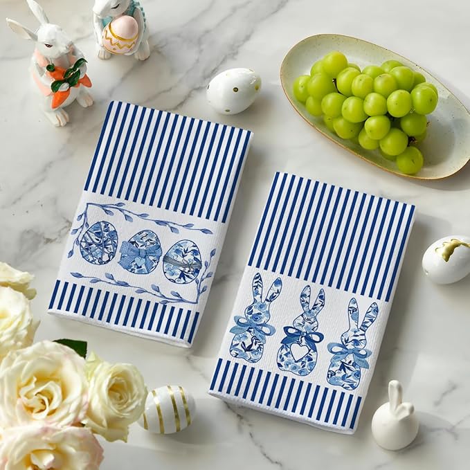 Artoid Mode Blue Stripe Rabbit Bunny Eggs Easter Kitchen Towels Dish Towels - Image 3