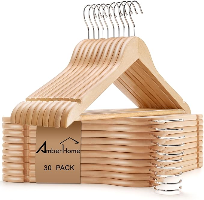 Amber Home 30 Pack Wooden Coat Hangers, Natural Wood Suit Hangers by AmberHome