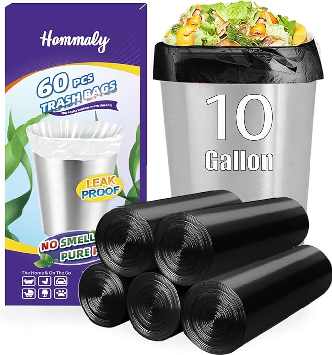 10 Gallon 60pcs Black Trash Bags Strong Black Garbage Bags, Bathroom Trash Can by HOMMALY
