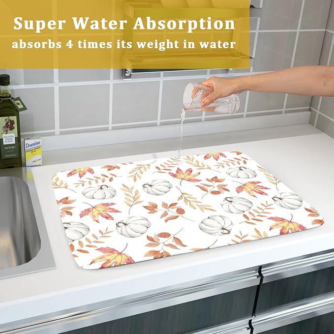 Fall Dish Drying Mat for Kitchen Counter Autumn White Pumpkins Maple Leaves - Image 7