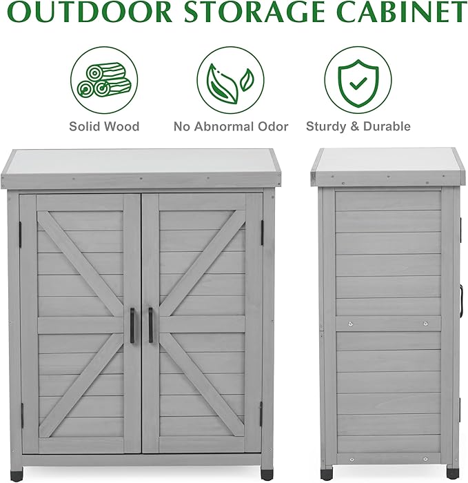 Outdoor Storage Cabinet & Potting Bench Table with Metal Top, Wooden Patio Furniture, Garden Workstation (Classic Grey, 36x31x17in) - Image 6