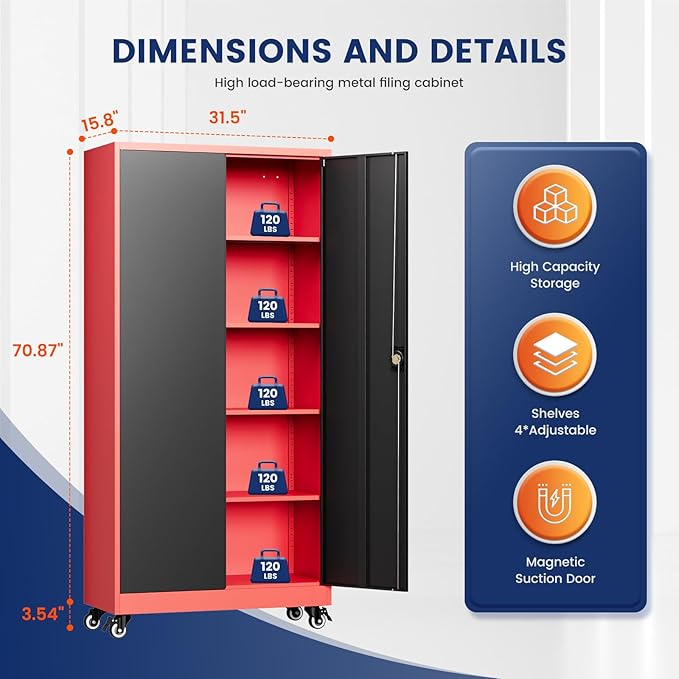 Yizosh Metal Garage Storage Cabinet with Locking Doors and Adjustable Shelves,- 75" Rolling Steel Tool Cabinet for Home Office,Garage,Warehouse - Image 3