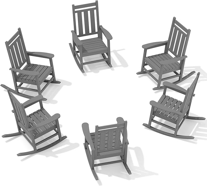 KINGYES Oversized Outdoor Rocking Chair Set of 6, All-Weather Patio Rocking Chairs for Porch, HDPE Outdoor Patio Rockers with High Back & Wide Seat for Garden, Lawn, Gray by KINGYES