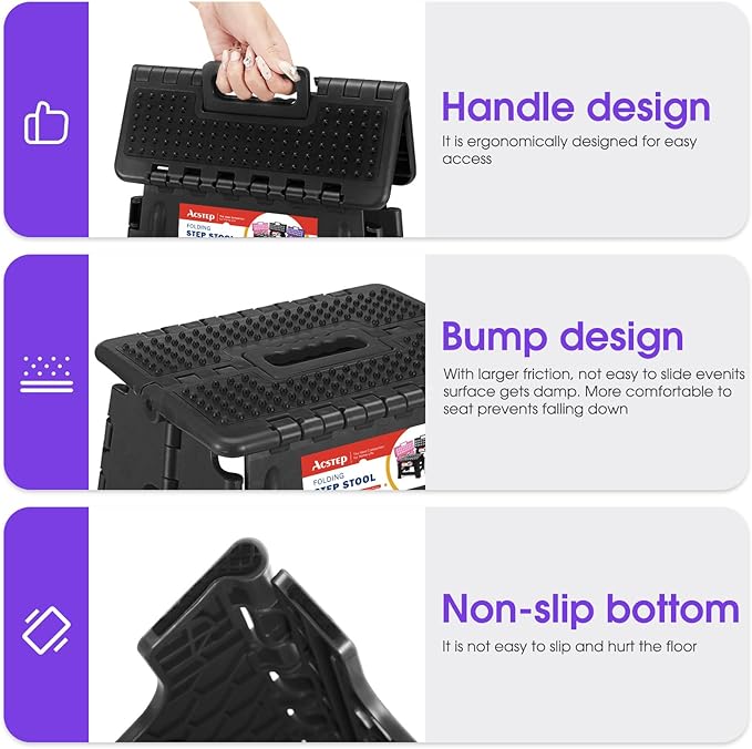 ACSTEP 16 Inch Folding Step Stool for Adults and Kids, Non-Slip Plastic Foldable Stepping Stool, Collapsible Folding Stool with Handle Holds Up to 400lbs for Kitchen, Dot Black (1 Pack) - Image 4